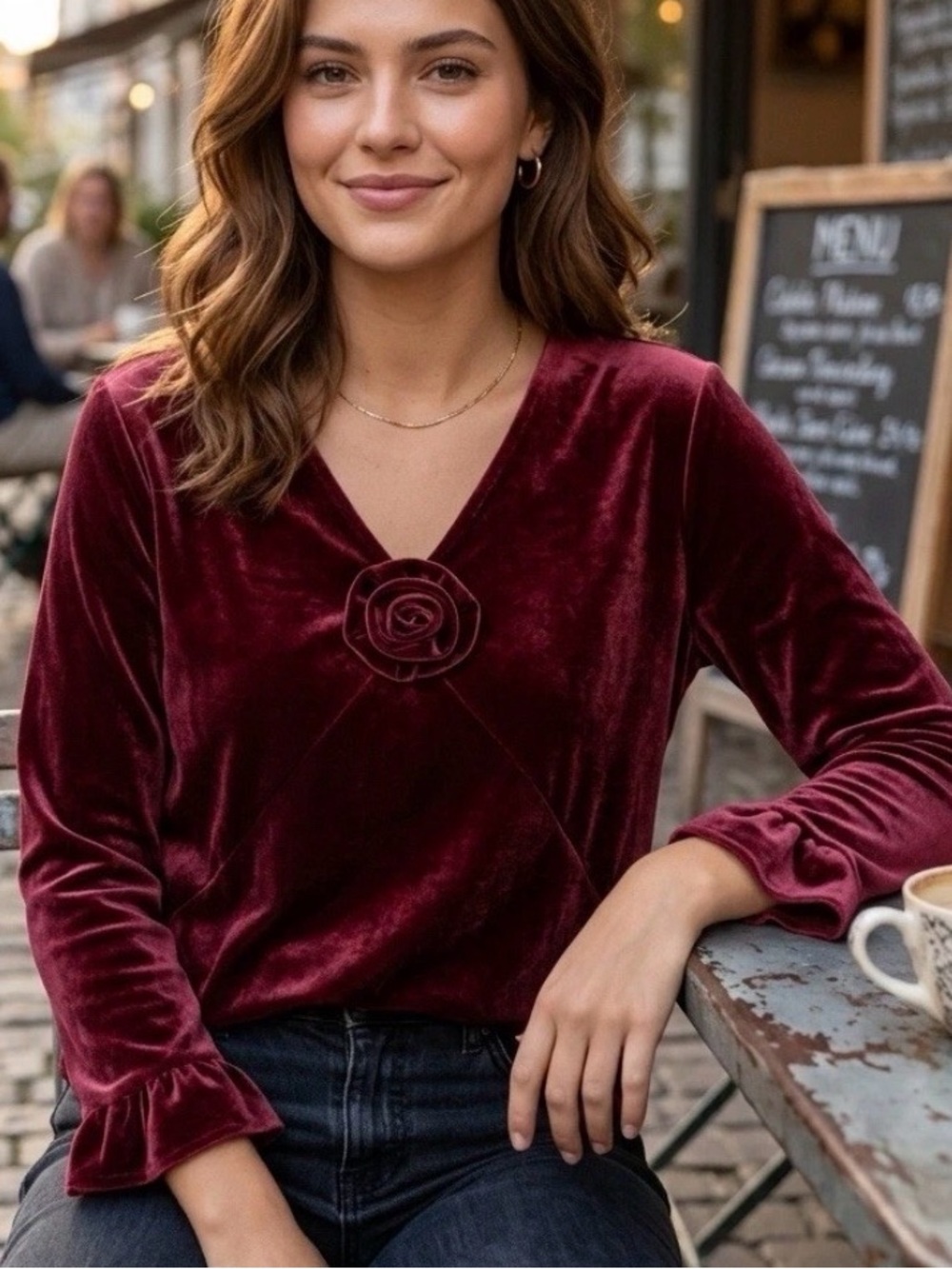 Y2K VTG Rosette Cotton Velvet Flower Top S Maroon Wine WhimsiGoth Fairy Romantic